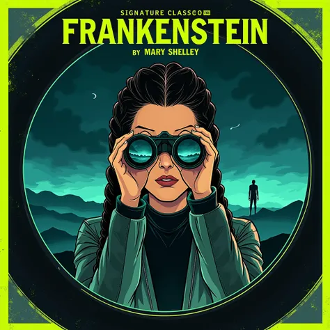 Create an image of a clean, contemporary book cover for Mary Shelleys Frankenstein. Show a stylized woman with long braids, wearing a futuristic jacket, gazing through a pair of binoculars. In the binoculars lens, depict a stormy night with a shadowy figur...