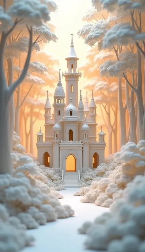 A complex papercraft scene depicting a white castle nestled amidst a lush forest. The castle is intricate, with multiple towers, arches, and a central dome. The forest surrounding the castle is composed of delicate paper trees in various shades of white an...