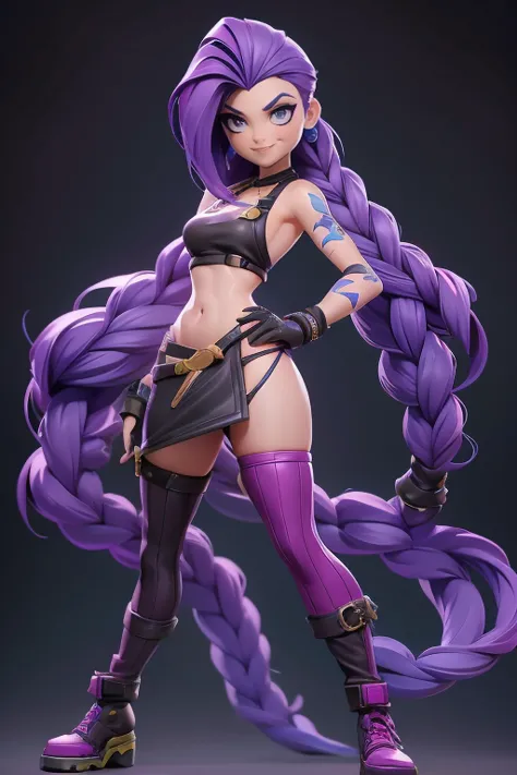 Q version of League of Legends Jinx figure, wearing only an apron over bare skin, buttocks and thighs visible, standing with one hand on hip and legs spread apart, full-length view,