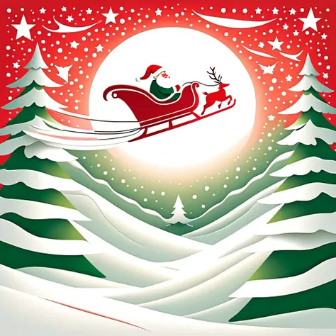 Vector illustration, Santa Claus flying in a sleigh pulled by reindeer in the distant sky. Snowy winter Christmas night, background with trees and stars, Christmas art, simple art, only three colors used: red, green and white, very high quality, papercut-l...