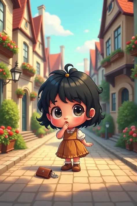 Picture of a little black-haired girl walking down the village street and then finding a wallet. The little black-haired girl is confused and a little surprised. Make a cartoon fantasy illustration 