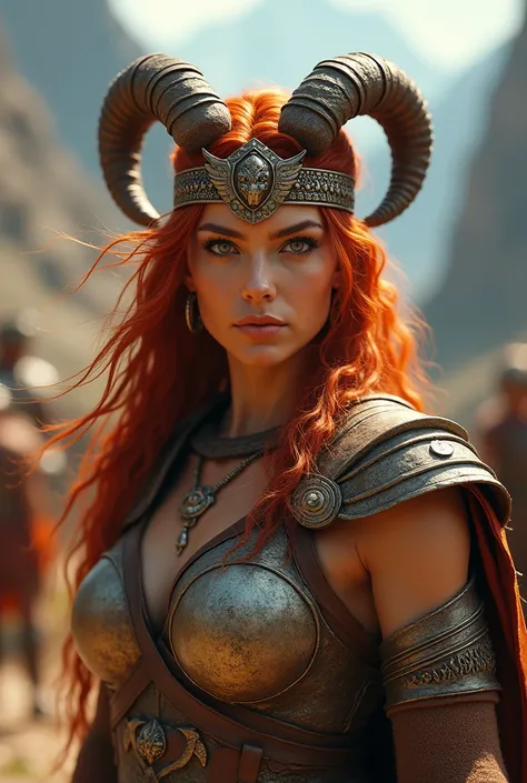 Aries: Woman with reddish or copper hair ,  with a bold and decisive expression ,  wearing light armor inspired by warriors,  with horn details on her headband .