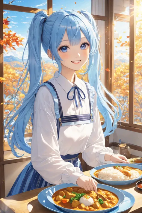  long light blue hair 、Beautiful girl with twin tails、Large serving of curry and rice、A delicious smile、A bright room with sunlight shining in、Outside the window is a landscape of autumn leaves