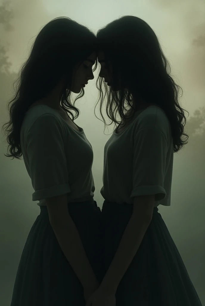  Two dark-haired girls turn their backs on each other as if they were mad at themselves,  in the background there is an image of themselves embracing , like a memory of friends  ,  just as if it were a memory , l