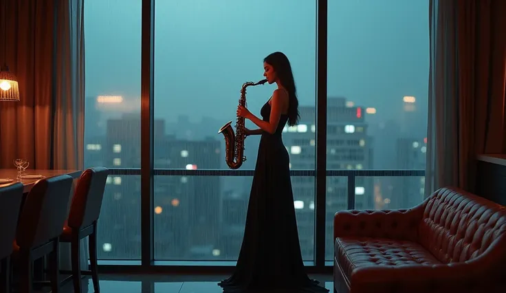 Slim and beautiful Jennie of Blackpink (Playing the saxophone), inside a luxury bar with floor to ceiling windows, raining outside, (dynamic posing), (longs rotes Kleid) , (Holding the saxophone in your mouth) (closed mouth:1.1), (Masterpiece best quality:...