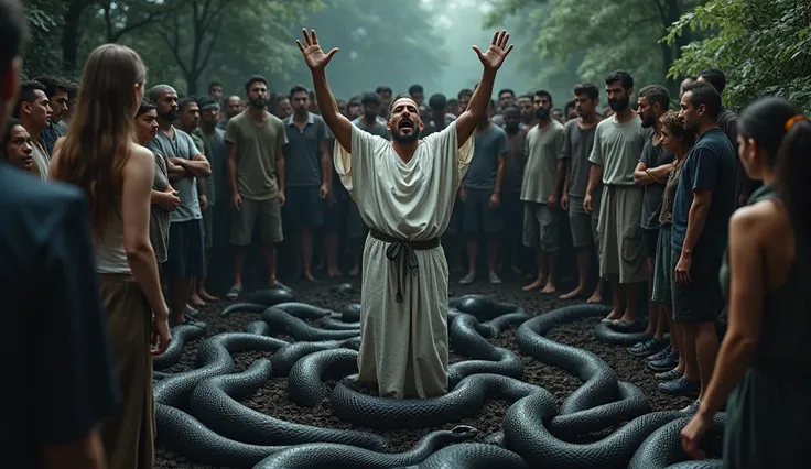 picture of a man wearing a white cloth asking for help, inside a grave full of black snakes, many residents looking around.