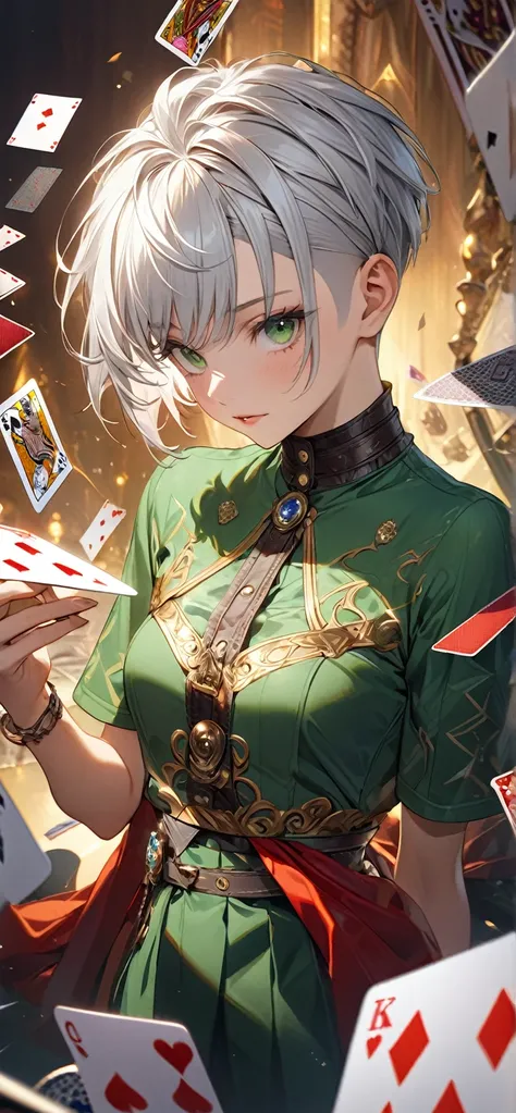 Super high resolution, rich colors, perfect image, top quality, detailed image, playing card, skin glow, skin and clothing texture, delicate eyes, playing card illustration, Jack, (((Silver hair undercut Super short hair))), green eyes