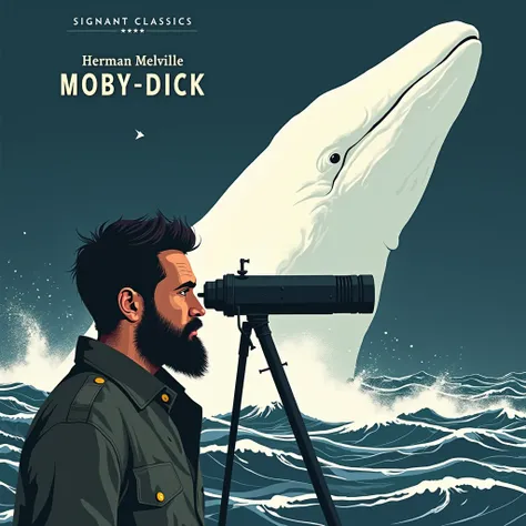 Create an image of a contemporary, simplistic book cover for Herman Melvilles Moby-Dick. Show a stylized man with a beard, wearing a simple coat, looking through a modern scope. In the scopes view, depict a giant white whale emerging from the ocean, repres...