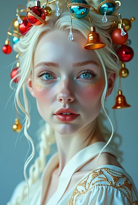  Lots of Christmas Ornaments Stick to Her Face、Beautiful Albino Woman 、White skin、 Christmas Ornaments Are Colorful and Clear 、8k、 high quality、beautiful、 Fantasy 、 realistic wearing kurta