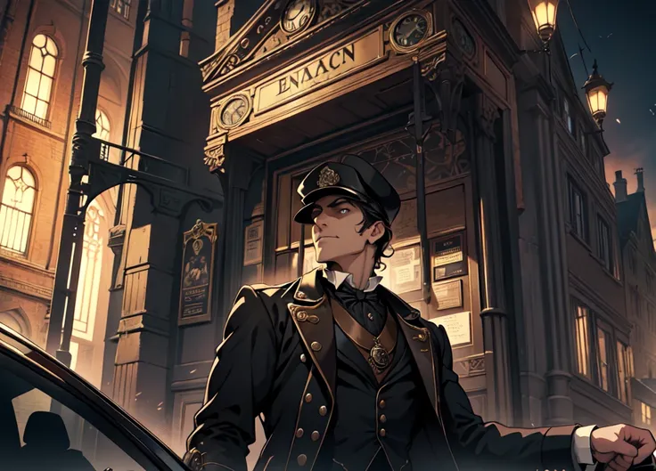  victorian style, evening, steampunk,  A man in a black coat and baseball cap got out of the car and looks up, one hand lies on an open car door 
