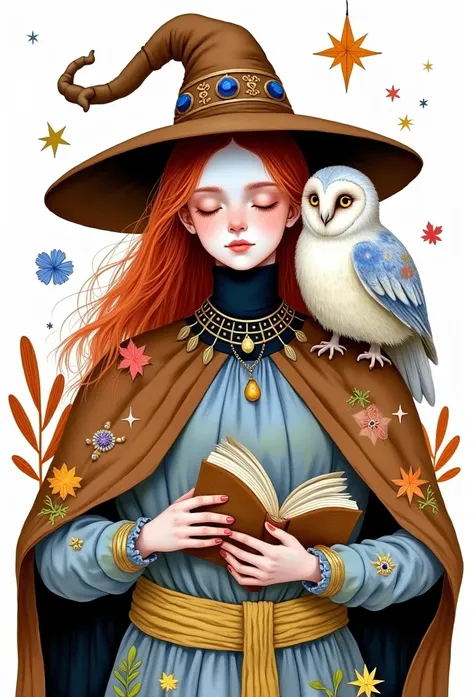   young woman ,   closed eyes  , the brown sorceress hat ,  white owl on shoulder ,  holds a large magic book of spells in her hands,  jewelry  ,autumn leaves,  long hair, Compose ,   brown hair,Painting (medium),  brown robe  ,  signature  ,simple backgro...