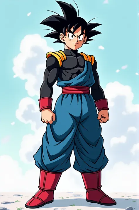  A Young Man wearing his Dogis combat outfit with his red boots and his red wristbands , and his black outfit with a red belt ,  his appearance as a 20-year-old boy and his hair is black and slightly messy and smooth .,  and his race is Saiyan and his tran...