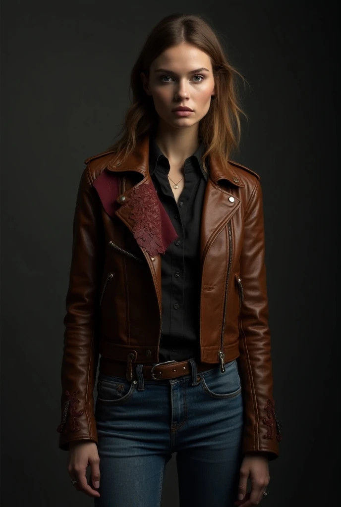 A fashion model wearing ,  brown leather jacket with , blue demin , as in fashion shot with light red embellishments on the jacket unique contemporary design with artistic looks add more fine details and more intricate designs