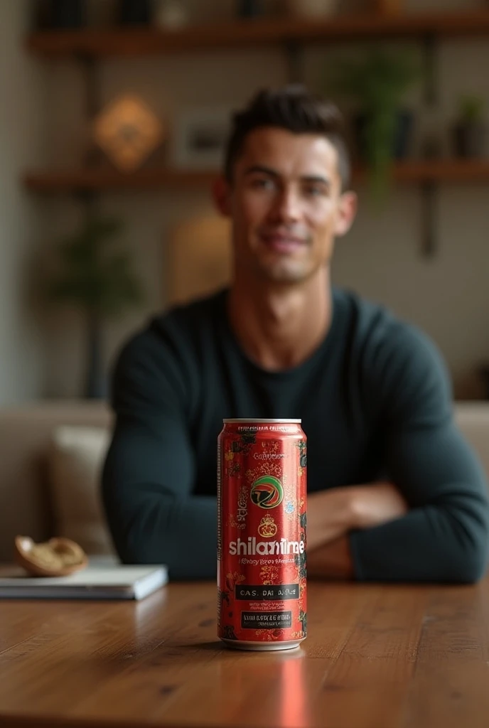 Shilajit energy drink can picture On a table with Cristiano Ronaldo in room HD quality 