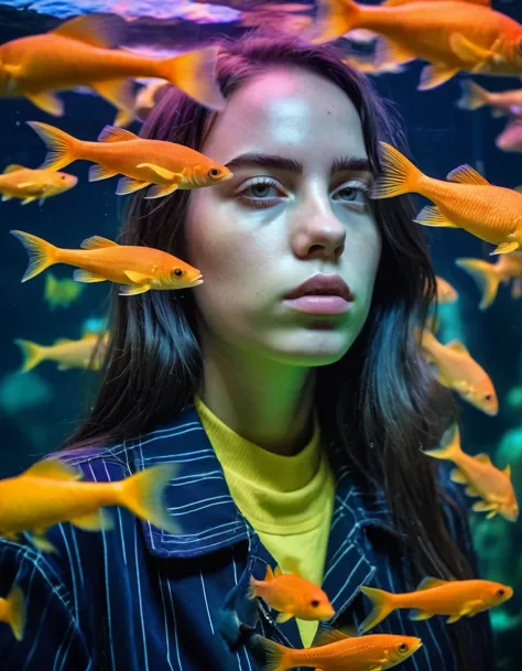 professional fashion close-up portrait photography of a young beautiful ((ohwx woman)) at aquarium during evening, nikon z9, spe...