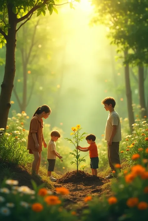 s planting trees and flowers with joy, each  placing a sapling in the ground, and flowers blooming brightly around them. Sunlight beams gently, adding a warm and magical glow to the scene.
