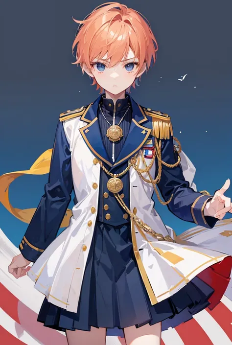 1boy, standing portrait, Central Focus, Centered, Fully in-frame, Solo, Standing still, zoomed out,

Gender: Male

Appearance: ship admiral with short peach hair and navy captain cap wearing a navy blue admiral uniform with medals and insignias