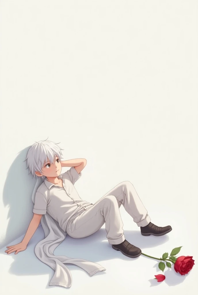 Casual 、Tranquility 、Elegant 、Comfortable。 A white short haired boy in white clothes in white clothes ( Japanese realistic anime + Oil painting ( Character alcohol rendering + Clear five-figure silhouette ) Relaxing on the ground against the wall , There i...