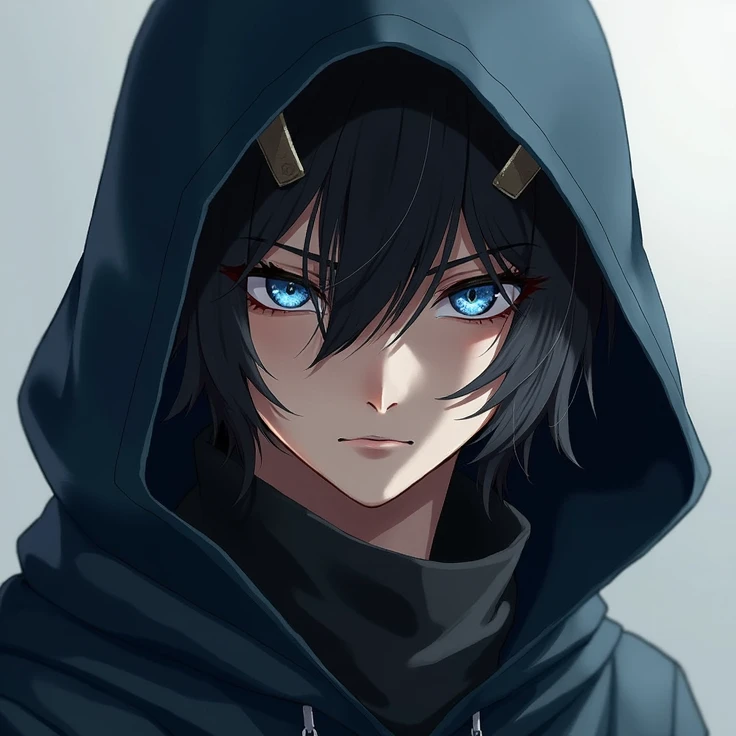 ninja,hombre High resolution,  blue eyes ,  Brown Hair ,  black hair , Horns, hood, AuriculAres,  High resolution,  masterpiece ,  Best quality ,  tall details ,  lyrics, quality, HD model,  text,  Hair between eyes , boca cerrada, 