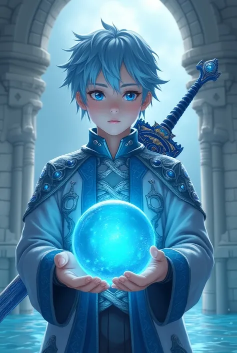 Create magic the gathering style a young boy with short light blue hair with light blue eyes wearing a light blue metallic jacket with blue marine ornaments with a large blue sword on his back with ocean ornaments with a pulsating blue water sphere in his ...