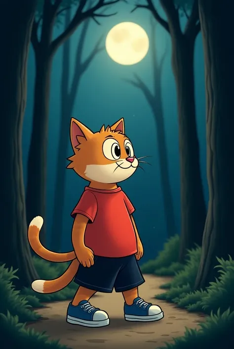 A cartoon cat character with a round face and large expressive eyes, wearing a red t-shirt, black shorts, and blue sneakers, walking away from the forest with the bicycle in hand. The cat is thoughtful, glancing back at the dark forest as it leaves. The fo...