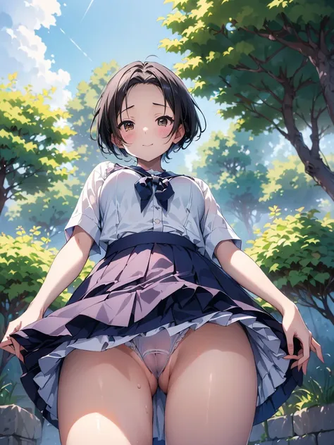   young woman  、smile、(( Kobayakawa Rinko 、 short hair、squat))、((masterpiece、   The high resolution is too high 、16k))、((Very close:1.5)、(( raised skirt showing off a beautiful pussy 、No underwear))、((Show me a beautiful pussy、 Angle from Below  ))