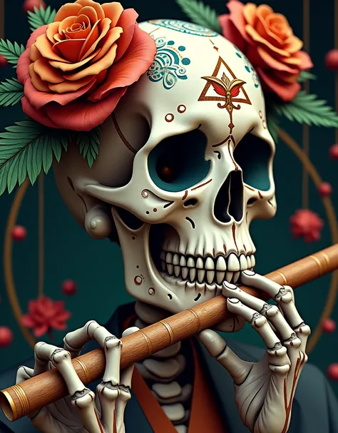 a close up of a drawing of a skull playing the flute, with cannabis, sugar skull, aztec skull, calavera, single aztec skull, arte lowbrow style, portrait of a sugar skull, day of the dead, traditional tattoo, skull tattoo, day of all the dead, lsd tattoo d...