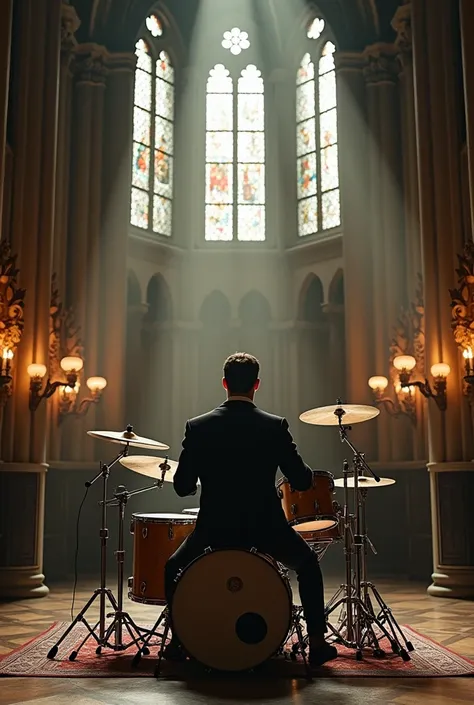 Henry Cavill playing acoustic drums in church