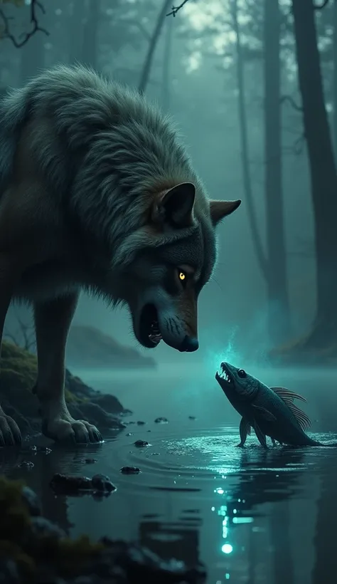 Wolf and Anglerfish: The wolf, fur bristling, stands rigid by the  lake’s edge, snarling as it stares down at the anglerfish floating just beneath the water’s dark surface. Its bioluminescent lure glows eerily, casting flickering blue-green light onto the ...