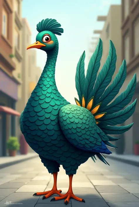 Crea un pavo real con un flow urbano en estilo rubberhose 