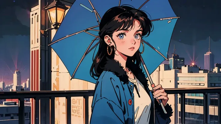 Best Quality, 8k, 1990s Style, 2010s Hairstyle , Very beautiful 21 year old girl ,  Black Hair ,Droopy eyes, Long Hair,  big chest, Wear big headphones , ((happiness)),  I cant control my light brown eyes holding a large umbrella,  staring at me  , Night v...