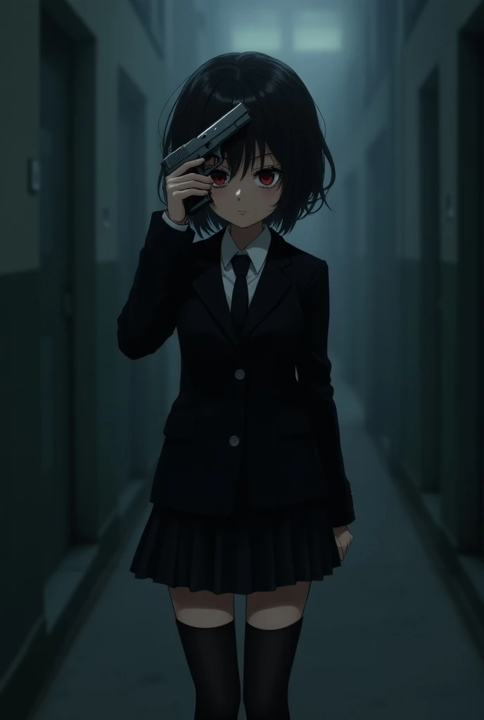 Anime style edgy girl short black hair black student uniform black skirt black high thighs pointing a pistol 9mm at her own head depressed sad
