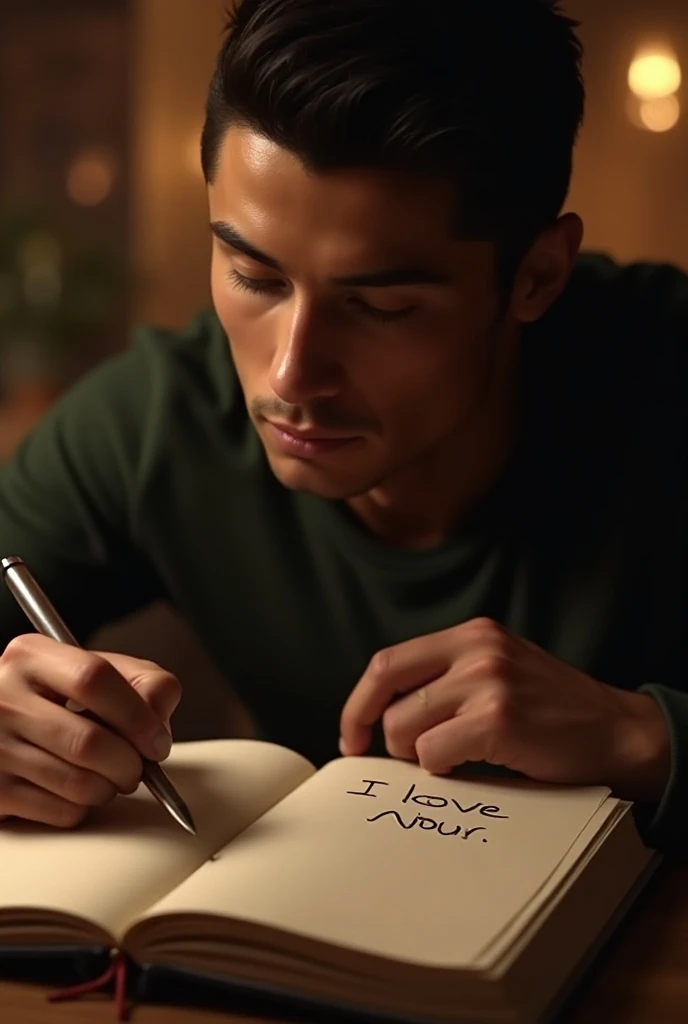 Cristiano Ronaldo writes on a notebook I love Nour