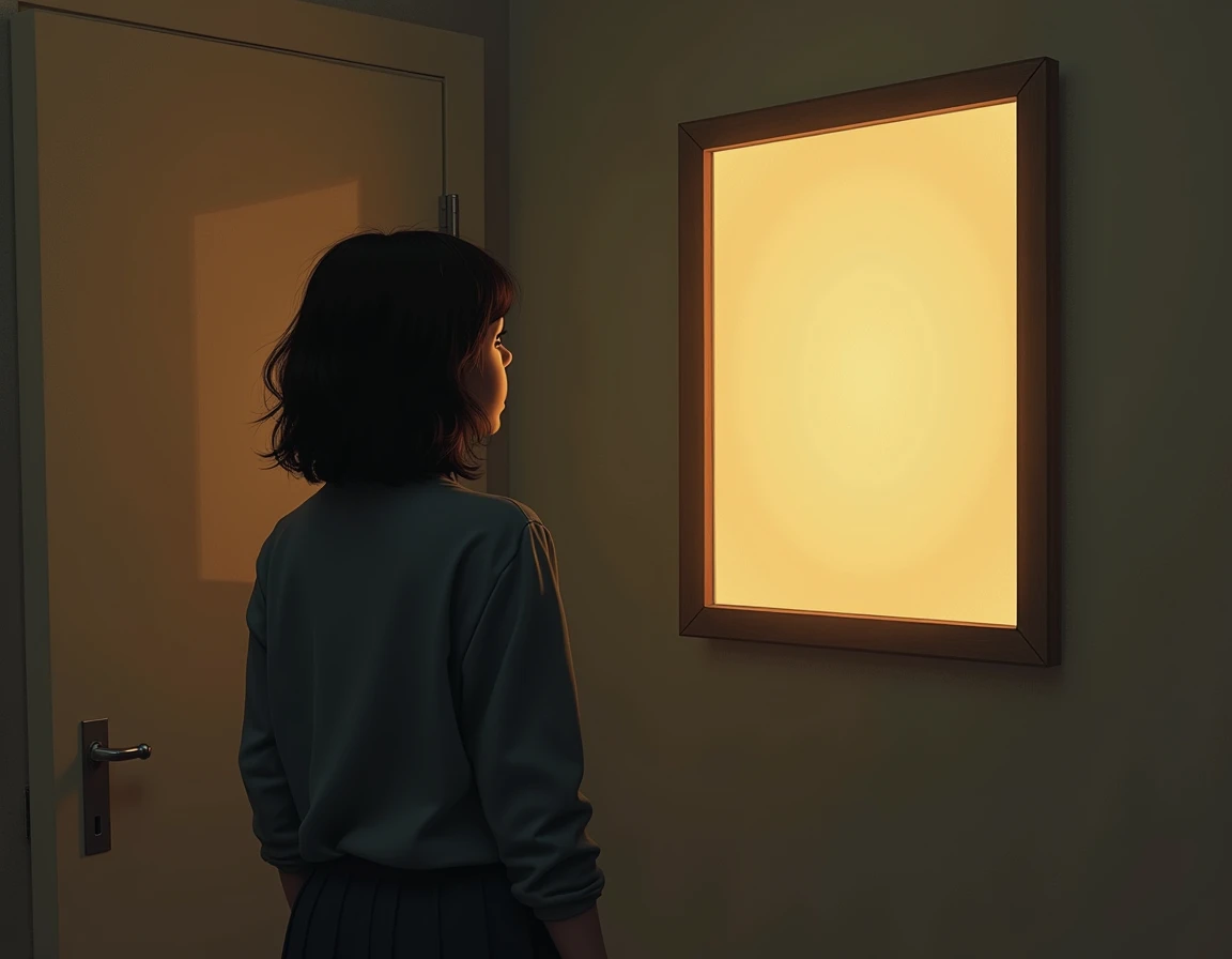 Create an image of a person standing alone in a room, looking at an empty photo frame on the wall. The frame is meant to hold a picture, but it’s empty, symbolizing the feeling of a “missing face.” The room is softly lit with warm, golden light, creating a...