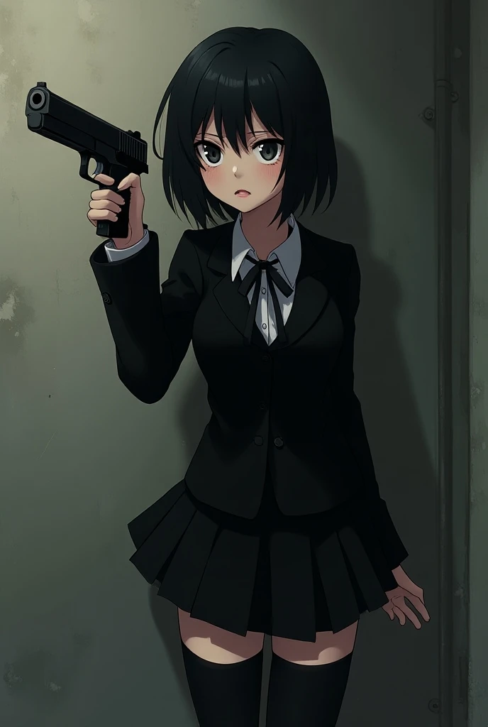 Anime style edgy girl short black hair black student uniform black skirt black high thighs pointing a pistol 9mm at the side of  her own head depressed sad
