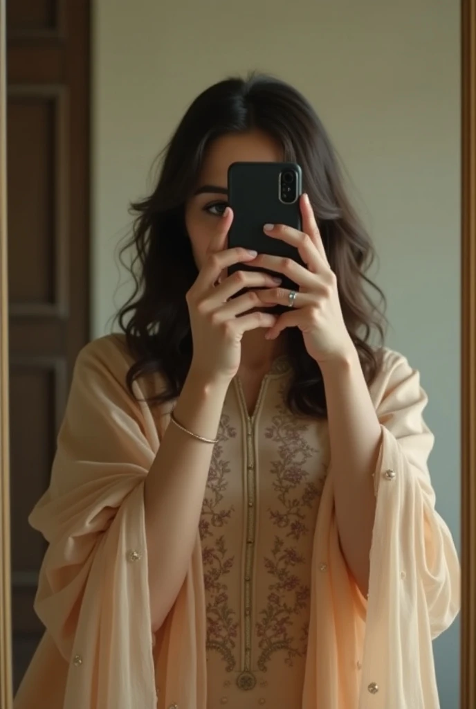 I want u to create a portrait of a girl with a bit over medium open hair that is wearing shalwar kameez and has fair skin,she is taking a picture Infront of the mirror with the phone Hiding her face, the phone covers her face not allowing it to show

Reali...