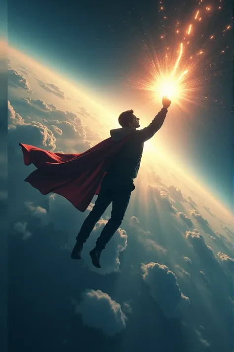 A picture of a person holding a beacon in his hand and flying over the globe 