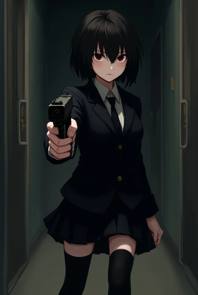 Anime style edgy girl short black hair black student uniform black skirt black high thighs pointing a pistol 9mm suicidal 
