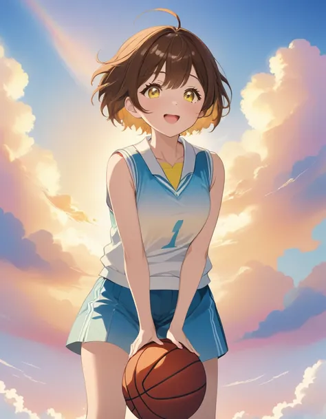 Anime girl holding a basketball ball in front of her face with both hands, brown short hair, A little embarrassed laugh, Wearing a pale yellow V-neck womens school vest over a white collared shirt, Kano Chinatsu, From Blue Box [Ao No Hako]. A colorful even...