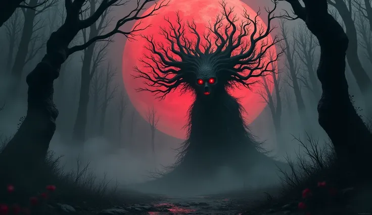 "Dark fantasy horror scene depicting a haunting tree spirit with an eerie, humanoid face and twisted branches extending as hair, blending into a shadowy forest background. The spirit has glowing red eyes that pierce through the darkness, with a large, red ...