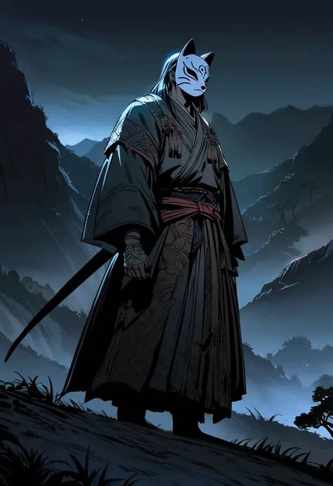 
A samurai boy standing on a hillside at night, cat mask on forehead, detailed facial features, dramatic lighting, cinematic composition, moody colors, fantasy landscape, intricate details, high resolution, concept art style

