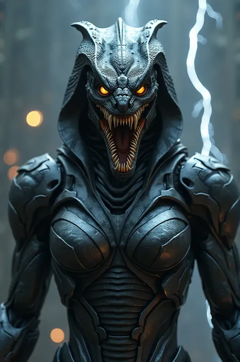 "Create a monstrous hybrid creature that combines elements of a high-tech armored warrior with the features of a powerful cobra. This hybrid should have a humanoid figure covered in sleek, metallic armor with some cobra-like scales, and the face should ble...