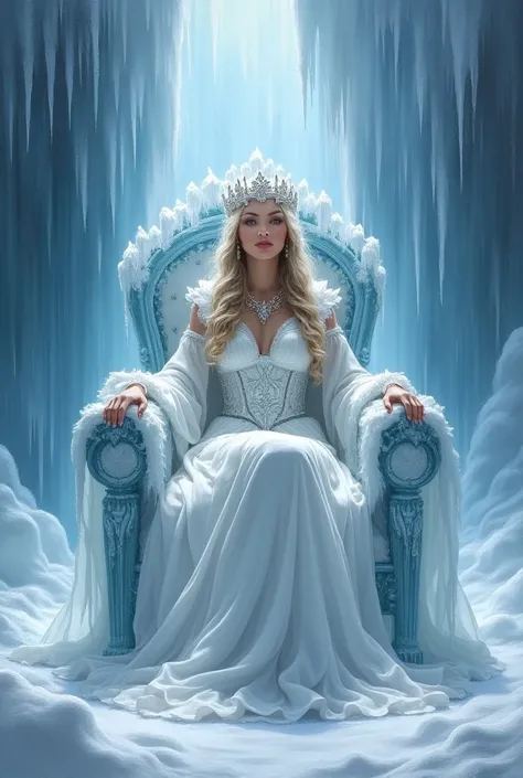 19th century Victorian oil painting by Ernest Normand of an fantasy oil painting of an ice queen on a frozen throne, surrounded by icicles and snow, with a cold, regal expression