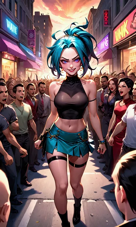 DC villain Jinx (sexy mini skirt outfit, outlandish comic theming, evil smile) is walking down a crowded street bewitching men in the crowd, angry girlfriends yell at their men, dusk
