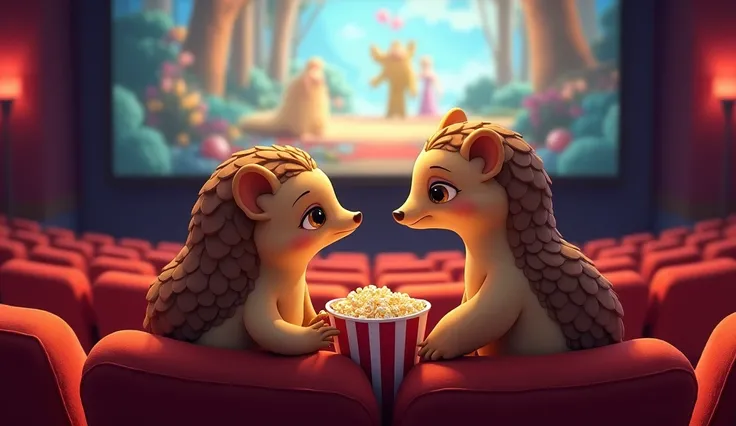 animal pangolin man and woman eating popcorn and candy while watching a movie in love animated cartoon cute
