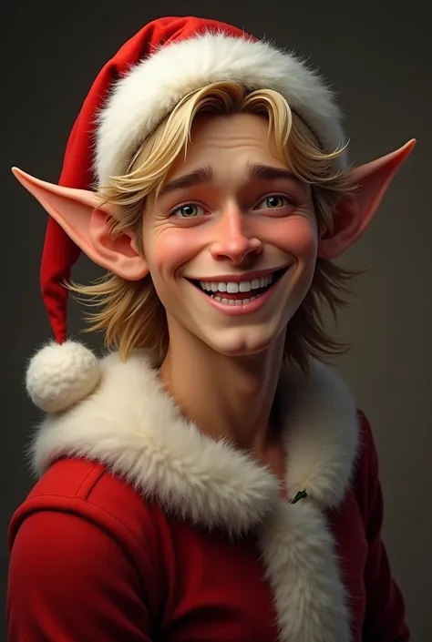 An elf man with blond skin and long dark hair with a Santa hat looks at the camera and smiles at full length without a beard in realism style in high quality 