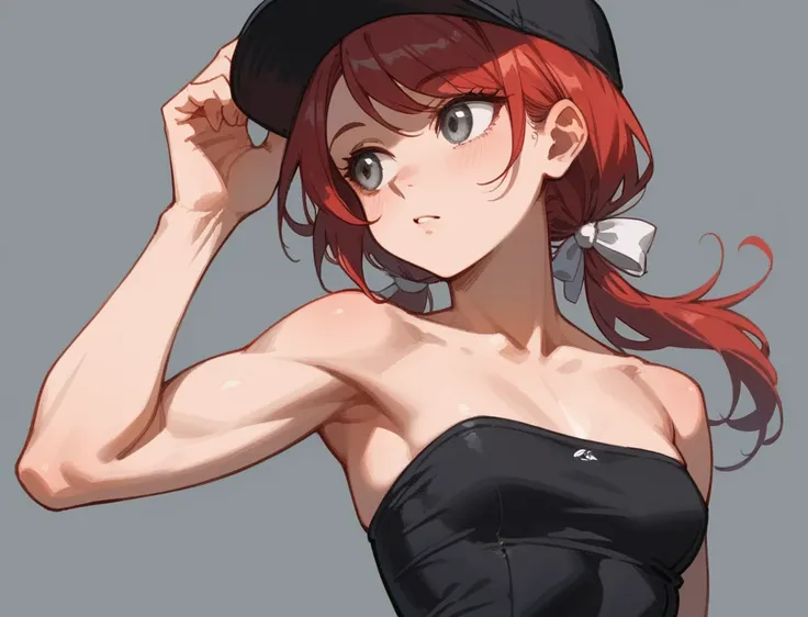 (masterpiece, best quality), 1girl, stoic, looking to the side, beautiful face, upper body, toned arms, Gray eyes, red hair, swept bangs, low twin tails, hair ribbons, strapless black shirt, black baseball cap, thin, petite, small breasts, 