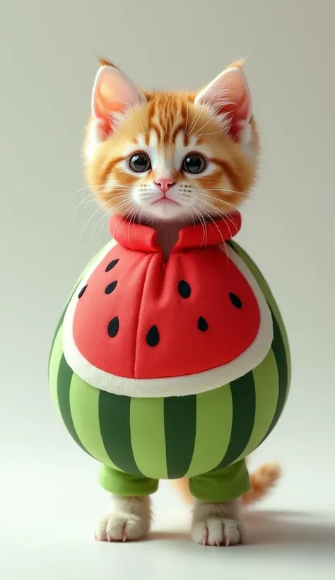 Kitten standing wearing a cotton watermelon suit