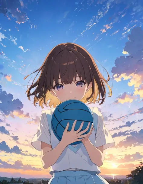 Anime girl holding a basketball ball in front of her face with both hands, brown short hair, A little embarrassed laugh, Wearing a pale yellow V-neck womens school vest over a white collared shirt, Kano Chinatsu, From Blue Box [Ao No Hako],  by Miura Koji....