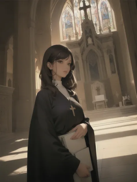 Female Priest,  black robe, Older, Handsome lady , Busty, Brown Hair,  cross necklace , religion, Church in the background, Dramatic lighting,  cinematic angles,  super high definition, masterpiece,  Extremely detailed, risograph